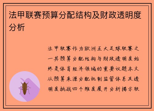 法甲联赛预算分配结构及财政透明度分析